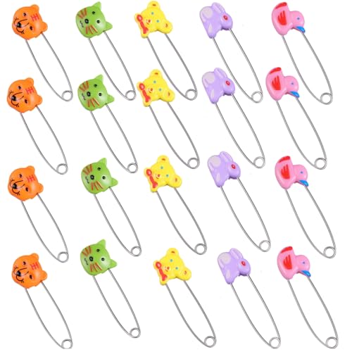 Toddmomy 20pcs Animal Safety Pins Stainless Steel Diaper Pins with Plastic Head Newborn Locking Safety with Lock Buckle for Shower Party Favor (Random Color)