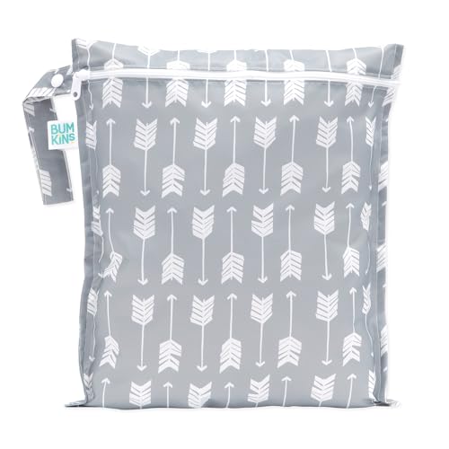 Image of Bumkins Waterproof Wet Bag for Baby, Travel, Swim Suit, Cloth Diapers, Pump Parts, Pool, Beach, Gym Clothes, Toiletry, Hook to Stroller, Daycare, Zipper Reusable Wetdry Packing Pouch, Gray Arrows