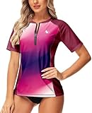 Kurzarm Badeshirt Damen UV Schwimmshirt Schnelltrocknend Sonnenschutz Shirt Damen UV Schutz Wassershirt Rosa Gradient L