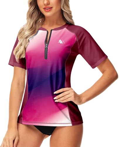 Image of Swimming Tops Womens Outdoor T-Shirt Sun Protection Rash Vest Short Sleeve Rash Guard Swim Shirt Pink Gradient2 M