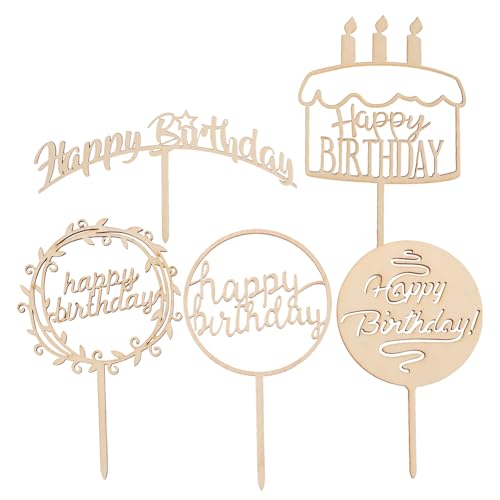 LOLIPPYY 5 Adornos de Madera para Tartas de Cumpleaños Kit de 5 Piezas A B E Decoración Feliz Cumpleaños para Pasteles y Cupcakes Reutilizables Adecuado para Fiestas y