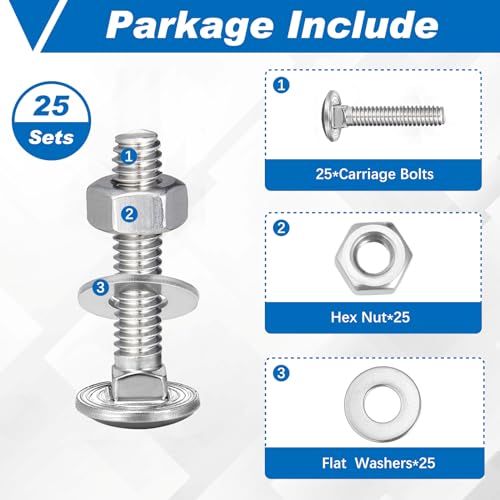 Image of Zonon 25 Sets 3 /8-16 x 2 Stainless Steel Carriage Bolts and Nuts Kit Round Head Square Neck Carriage Bolts Screws and Hex Nuts and Flat Washers, Stainless 18-8 Full Thread Coverage (Silver)