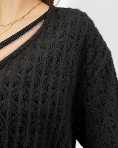 Image of Lotusmile Women's Soft Fuzzy Knit Hollow Out Lace Blouses Criss Cross V Neck Tops for Women Dressy Casual