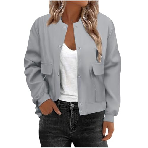 Women Bomber Jacket Casual Button Down Jackets Shackets With Pocket Outwear Long Sleeve Solid Color Outerwear