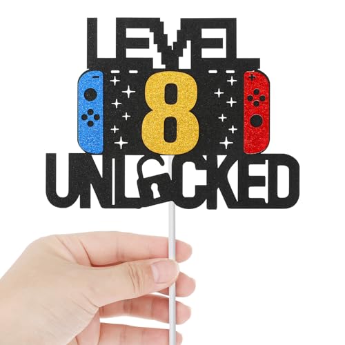 Level 8th Unlocked Sign Cake Topper, Double Sided Glitter Cake Topper Video Game Controller Themed Birthday Decorations for Kids Boys Girls Game Fans Birthday Party