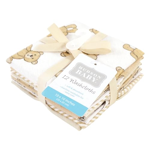 Image of Hudson Baby Unisex Baby Flannel Cotton Poly Washcloths, Teddy Bears 12 Pack, One Size