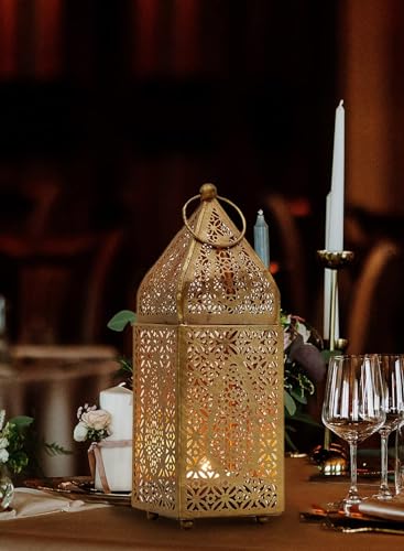 Serene Spaces Living Moroccan Lightweight Thin Gold Ornate Candle Lantern, Antique Gold Lantern, Decorative Candle Holders, Indian Wedding, Eid, Ramadan, 2.75" Diameter & 8.5" Tall, Pack of 6