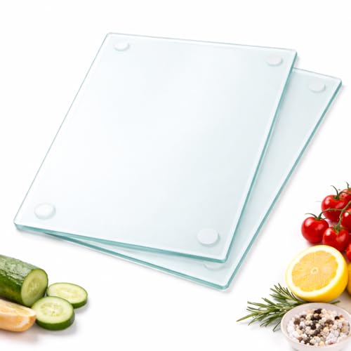 KIJUK 2 Stück Schneidebrett Glas 30 x 20 cm Transparent Spülmaschinenfest Rutschfestes Glasschneidebrett für die Küche Hygienisch Kratzfest und Stilvolles Glas Schneidebrett für Obst und Gemüse
