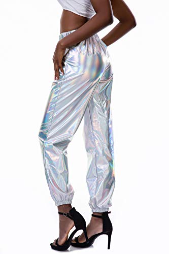 INDJXND Hip Hop Shiny Pants for Women Loose Casual Trousers with Beam Foot Stylish Street wear (Bright Gray, X-Large)