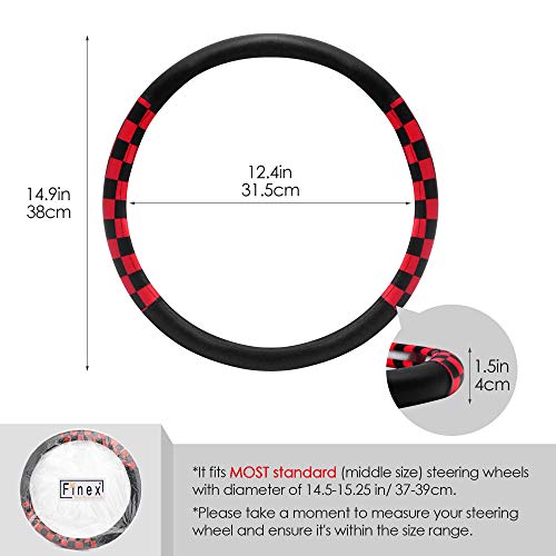 Finex Pu Leather Checker Flag Black & Red Universal Fit Auto Car Grip Steering Wheel Cover 15 Inch Non-Slip Interior Decal Driving Accessories Decoration For Men Women #TOP6