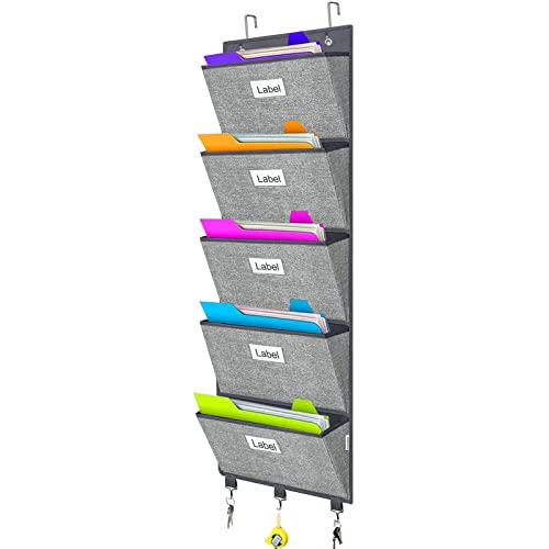 homyfort Over the Door Wall File Organizer, Hanging File Folders Organizer with 5 Large Pockets for Office and Back to School Supplies, Papers, Charts, Mails, Magazine Storage and Organization