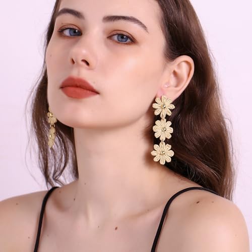 Raffia Daisy Flower Earrings, Raffia Straw Wrapped Daisy Drop Dangle Earrings Summer Tropical Beach Jewelry3