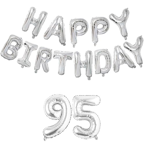 Image of Flyloons 95th Silver Colour Happy Birthday Foil Balloon Set for 95 Year Old Men Women | with Number Ninety-five | 13 Letters Reusable Happy Birthday Metallic Foil Balloons Decoration Kit