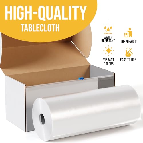 Image of Party Solids 60 Inch X 300 Feet Clear Plastic Table Cover Roll in A Cut - to - Size Box with Convenient Slide Cutter. Cuts Up to 36 Rectangle 8 Feet Plastic Disposable Tablecloths