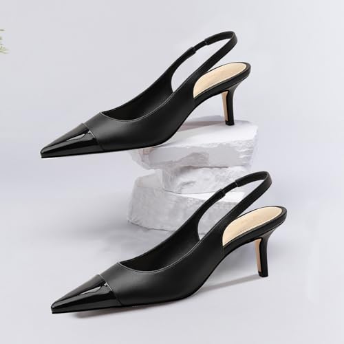 Image of Women's Kitten Heel Slingback Pointed Closed Toe Pumps Dress Shoes for Women Low Stiletto Heels for Women Comfy Dressy Heels