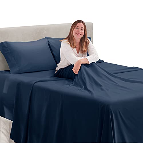 Image of Hearth & Harbor Extra Deep Pocket Queen Size Sheet Set - 4 Piece Ultra Soft & Breathable Bed Sheets Set - Fits Up to 24 inch Mattress - Hotel Luxury Bed Sheet Set, Navy Blue | 4 Piece Bed Sheet Set, Ultra Soft & Breathable, Fits Up to 24 inch Mattress, Hotel Luxury