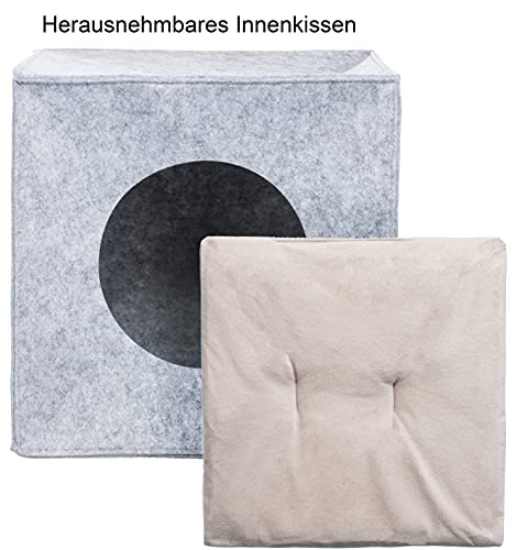 Brandsseller Haustierhöhle Filz ca. 33x33x33 cm Katzenhöhle Hundehöhle Katzenbett Hundebett mit seperatem Kuschelkissen Faltbar Hellgrau