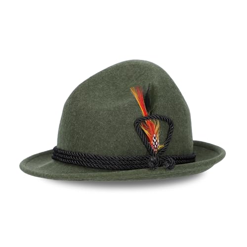 Steigenhfer German Alpine Hat - Hans - 100% Wool Hats for Men - Adjustable - Oktoberfest Bavarian hat with Real Bird Feather - Green - 7 1/8
