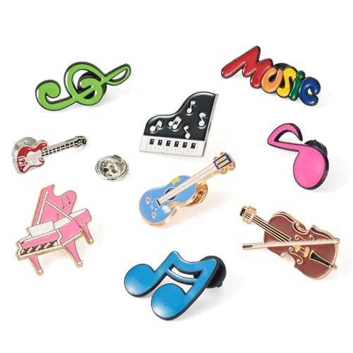Image of 9Pcs Music Theme Enamel Pins, Musical Instrument Alloy Brooches, Colorful Guitar Piano Violin Word Musical Note Brooch Badges for Music Lovers Backpack Bags Hats Clothes Decor Supplies