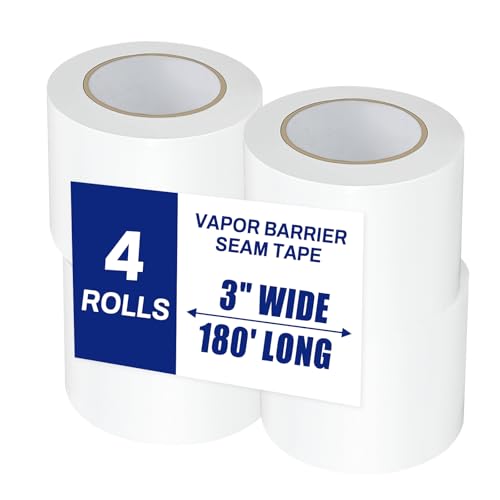 Bghdas 4 Roll Vapor Barrier Tape, 3' Wide x 180' Long, White PE 9 mm Polyethylene Tape, Waterproof Moisture Barriers Seal and Seam, for Underlayment Crawl Spaces, Insulation Repairs & Plastic Liners