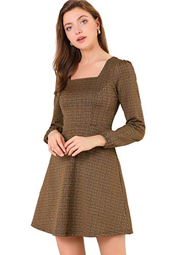 Allegra K Damen Herbst Vintage quadratischer Ausschnitt Langarm Plaid Kleid - - Klein
