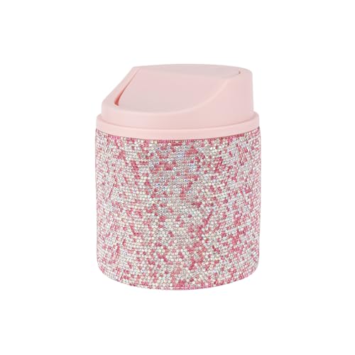 Image of KEYPOWER Bling Rhinestone Mini Plastic Trash Can Cute Small Waste Can with Swing Lid,Suitable for Home Countertop,Car,Table Desk,Office (Pink)