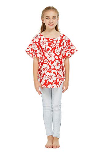Girl Elastic Strap Hawaiian Luau Poncho Top in Classic Hibiscus Blue