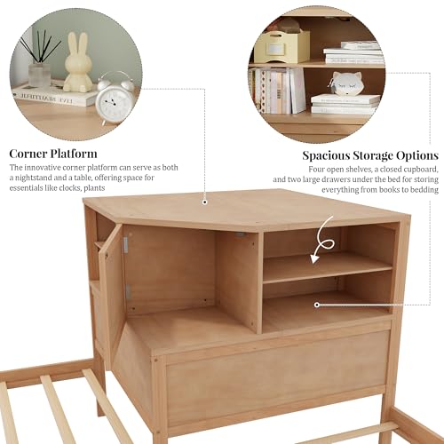 SOFTSEA L-Shaped Twin Size Bed with Trundle and 2 Storage Drawers, 3 in 1 Low Corner Platform Bed Frame with Desk for 3 Kids, Wood L-Shaped Day Bed with Bookcase, Easy Assembly, Natural