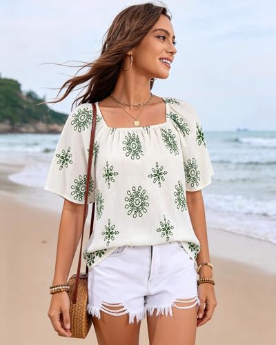 IEEILULU Womens Summer Boho Tops Square Collar Floral Print Loose Fit Blouses Tunic Casual Beach Vacation Shirts White Green XL — view 5