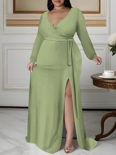 Image of PinkPatty Women's Plus Size Long Sleeve Maxi Dress Casual V Neck Slit Tie Waist Wrap Dresses for Party Cocktail