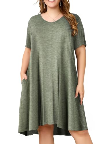 Image of OVERWORETY Womens Short Sleeve Plus Size T-Shirt Dress V Neck Casual Loose Swing A-Line Summer Tunic Dresses with Pockets
