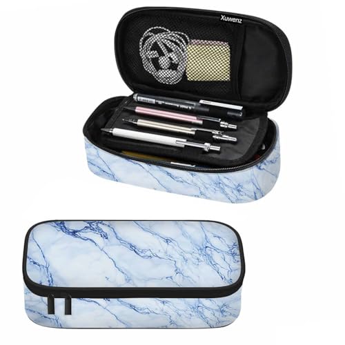Image of Blue Marble Pencil Holder Bag Abstract Stone Floor Granite Stripe Texture Pencil Case College Office School for Teens Boy Girl