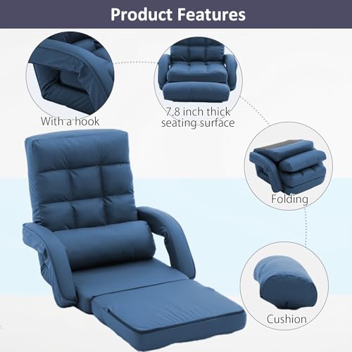 Image of Floor Chair for Adults with Back Support, 14-Position Adjustable Floor Sofa with Pillow & Armrests, Faux Leather Floor Lounger Chair for Gaming, Reading & Living Room (Blue)