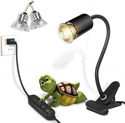 Fischuel Reptile Heat Lamp,Timed Heating Lamp with Clamp, Adjustable Habitat Basking Heat Lamp,UVA/UVB Light Lamp 360° Rotatable Clip and Power Adapter for Aquarium(Bulb Included)