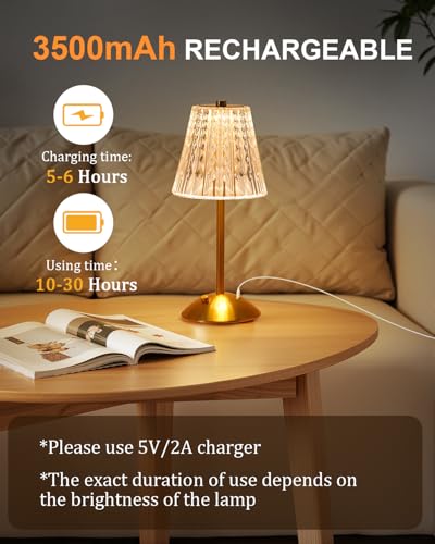 Cordless Touch Table Lamp, 3500mAh LED Rechargeable Small Dask Lamp, 3 Colors Dimmable Battery Operated Crysta Lamp for Bedroom Restaurant Kitchen Home Decor, Gold - Image 6