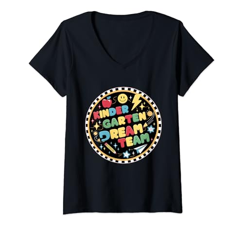 Womens Kindergarten Dream Team Funny Back To School Teachers Kids V-Neck T-Shirt