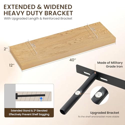 Image of Dreamland 40 inch Floating Shelves for Wall, 12 inch Deep Thicker Oak Floating Shelves, Wall-Mounted Shelves for Bedroom, Living Room, Kitchen, Bathroom - Set of 2