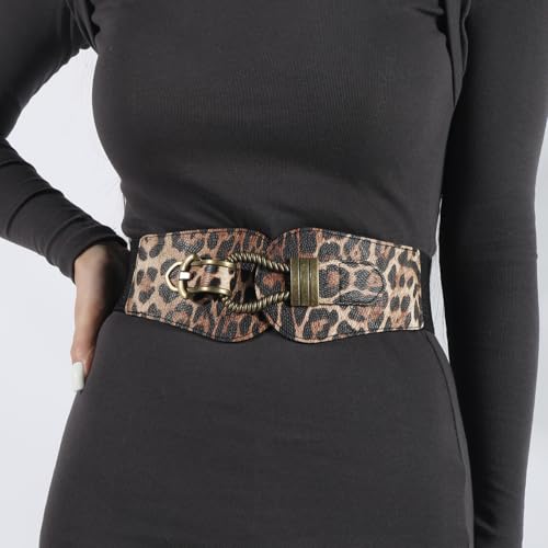 Women Vintage Stretch Elastic Belt with Copper Buckle Wide Waist for Dress Coats 29"-38"3