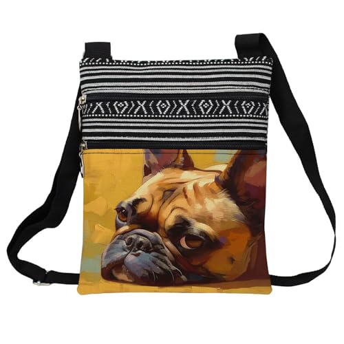 French Bulldog Messenger Bag Small Ethnic Pattern Printed Adjustable Strap Crossbody Zipper Bag French Bulldog Phone Bag Wallet Cute Shoulder Handbag for Women