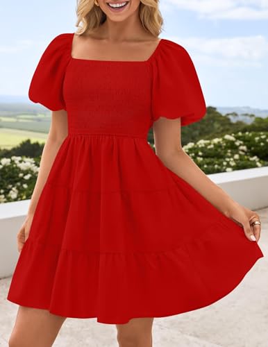 Image of ZESICA Women's Boho 2026 Summer Square Neck Puff Sleeve Off Shoulder Smocked Tiered Casual A Line Short Mini Dress