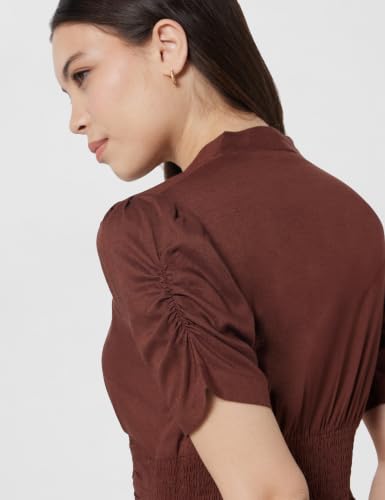 Image of Amazon Brand - Symbol Women's V-Neck Midi Dress | Ruched Waist, Puff Sleeves, A-Line Flared (Available in Plus Sizes)