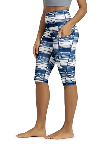 ODODOS Women's Knee Length High Waisted Yoga Capri Leggings with Pockets, Printed Workout Running Sports Athletic Yoga Capris, Blue Waves, Large