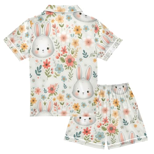 ALAZA Cute Rabbit Flower Floral Pajamas Satin Pajama Set Short Sleeve Button Down Sleepwear2