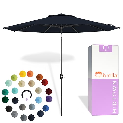 Midtown Umbrellas - The Lean 9 Ft Patio Umbrella with Fade-Resistant Sunbrella Fabric, Auto-Tilt Aluminum Frame and 8 Reinforced Ribs for Deck, Pool & Garden - Canvas Navy Canopy, Black Pole