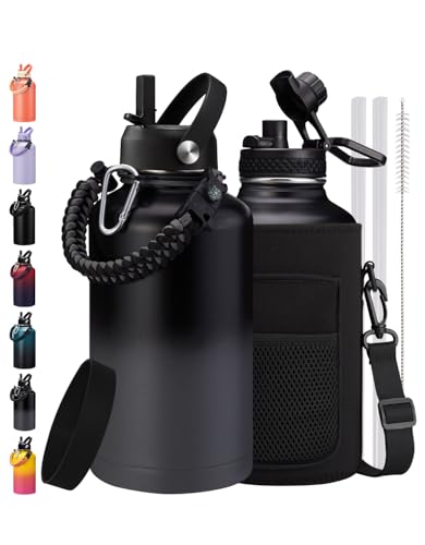 Image of ICIOI 64oz /Half Gallon Insuated Water Bottle, (Keep Cold 48H), Leak Proof Food-Grade Stainless Steel Water Jug With Straw Lid and Atuo Spout Lid, Portable Paracord Handle & Carrier Bag Black Gray
