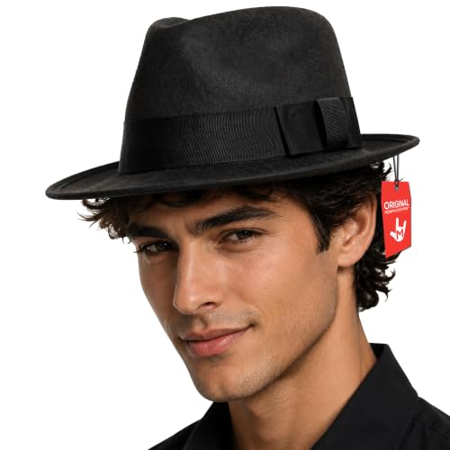 Morph Adult Black Gangster Hat - Mobster Felt Panama Fedora Hats - Gatsby Halloween Costume Accessory Black Large