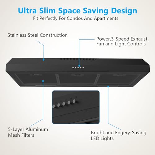 Upgraded 600 CFM Range Hood 36 inch, Black Under Cabinet Range Hood for Duct/Ductless Convertible, Stainless Steel Kitchen Stove Vent with 3 Speed Kitchen Exhaust Fan and Two Bright Energy-Saving LED