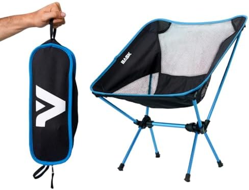 BASK Cadeira Premium Dobrável Ultralight de Alumínio – 1 kg, Compacta 37×13 cm, 150 kg de Capacidade, Portátil para Camping, Praia e Trilhas
