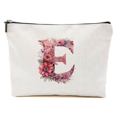 Initial Makeup Bag, Monogrammed Gifts for Women Sister Friend Pink Letter E