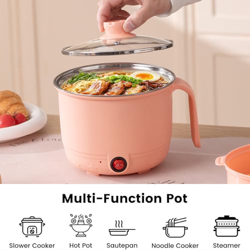 Image of Electric Cooking Pot with Steamer 1.5L | Multi-Function Mini Cooker | Non-Stick Inner | Travel Friendly Kitchen Appliance (Peach, With Steamer)